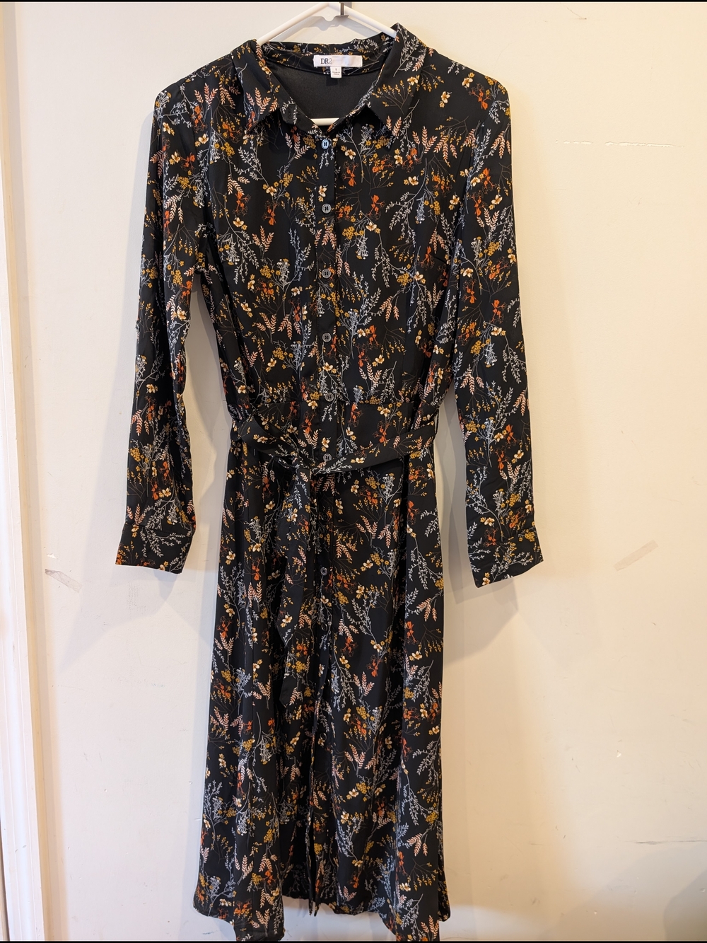Women's Black Floral Long-Sleeve Shirt Dress with Tie Waist Buttons Sz S Office